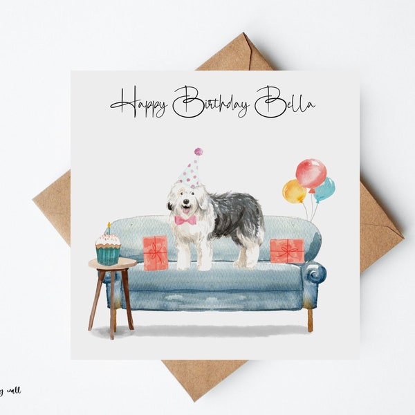 Old English Sheepdog Birthday Card, Personalised Birthday Card, Dog Lovers Card, Handmade Cards, Dog Birthday Cards