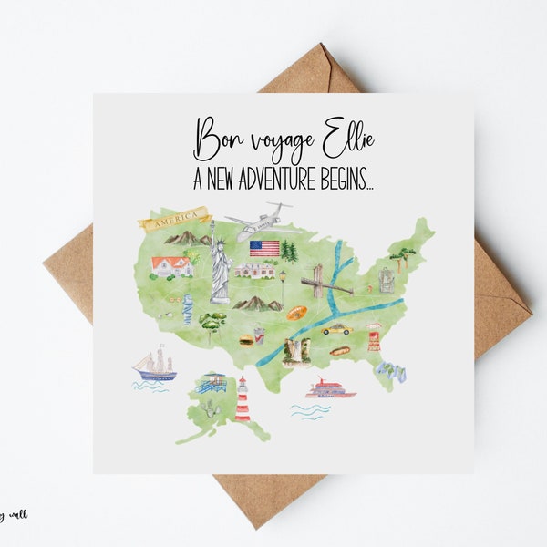 America Card, Moving To America Card, New Adventures Card, Emigrating Card, Personalised, Bon Voyage Card, USA Card