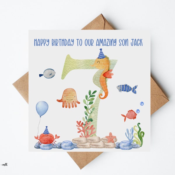 Carte personnalisée de 7e anniversaire de fils, carte Sea Life, carte de septième anniversaire, carte de 7e anniversaire, carte pour fils, carte de petit-fils, carte sous la mer