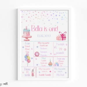 First Birthday Print,Personalised 1st Birthday Sign, Milestone Print, Pastel Print, Birthday Keepsake, Pink Prints, Birthday Gifts