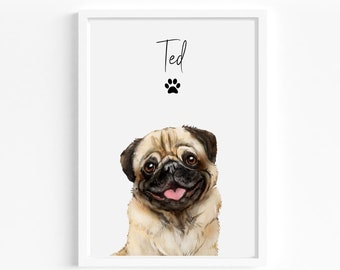 Personalized Pug Art Print, Dog Portrait