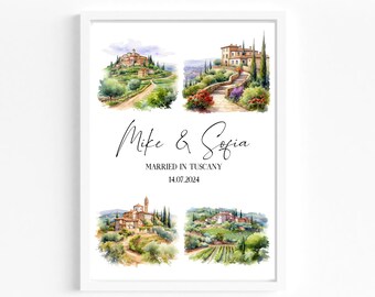 May include: A watercolor painting of four scenes of Italian countryside with buildings, trees, and a path. The text "Mike & Sofia Married in Tuscany 14.07.2024" is below the images.