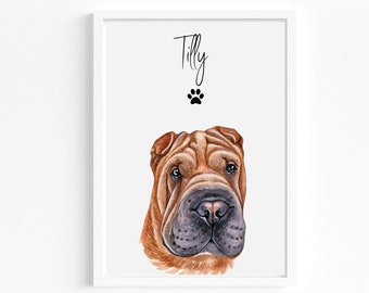 Shar Pei Personalised Print, Choice Of Colours, Dog Print, Personalised Dog Portrait