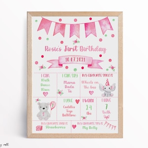 Impresión de primer cumpleaños, letrero personalizado de primer cumpleaños, impresión de hito, impresión rosa, recuerdo de cumpleaños, impresiones rosas, regalos de cumpleaños, niña