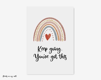 May include: A watercolour rainbow with a red heart in the centre. The rainbow is in shades of pink, orange, yellow, and blue. The text "Keep going... You've got this" is written below the rainbow.