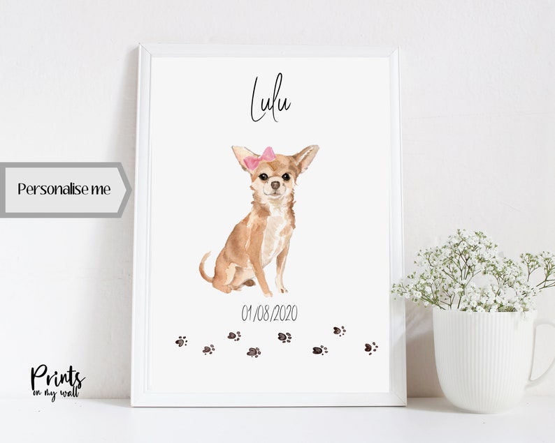 Chihuahua Personalised Print, Custom Wall Art, Dog Lover Gifts, Home Decor, Long Haired Or Short Haired Muddy Paw Prints