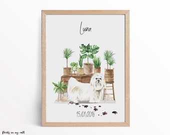 Lámina personalizada de perro maltés, retrato único de mascota, regalo para amantes de los perros