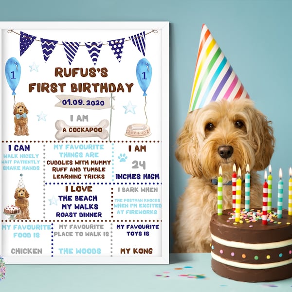 Dog Birthday Prints, Boy & Girl Doggy Birthday Posters, Various Dog Breeds, Personalised Birthday Decor, Doggy Bday Signs