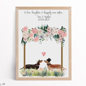 Impresión de boda personalizada, boda con perro salchicha, lindos regalos para el día de la boda, impresión "Felices para siempre", impresión de perro salchicha
