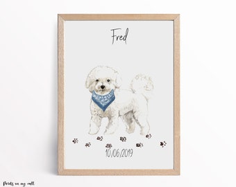 Personalisierter Bichon Frise Druck, Hundename und Geburtsdatum, Geschenk für Hundeliebhaber