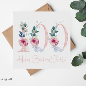 Carte pour 100e anniversaire, 100 ans, Carte florale pour elle, Carte pour ami, Carte pour fille, Carte pour tante, Carte pour nièce, Personnalisé