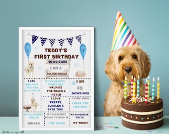May include: A white framed poster with a blue and white bunting at the top. The poster says "Teddy's First Birthday 15.09.2022 I am a Golden Doodle". The poster has a list of things Teddy can do, his favorite things, and his measurements. A golden doodle puppy wearing a party hat sits in front of a chocolate cake with colorful candles.