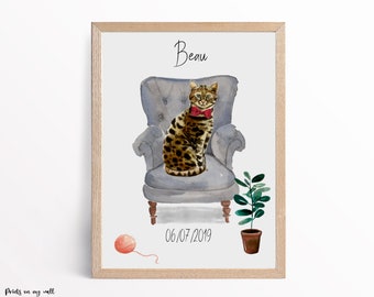 Lámina personalizada de gato bengalí, retrato personalizado de mascota, regalo para amantes de los gatos
