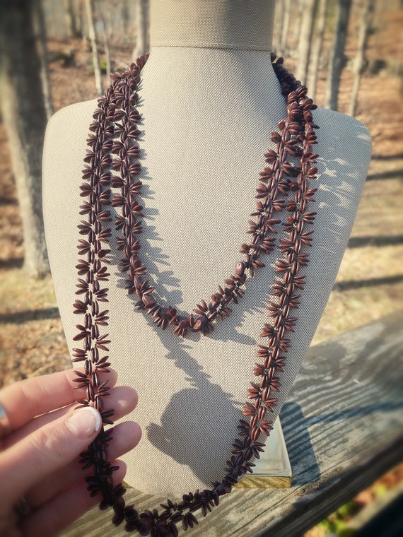 True vintage 70s brown floral beaded long necklac… - image 2