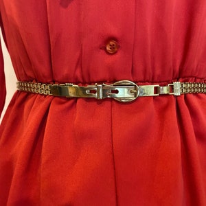 Vintage 70s Red Satin / Silk A-line Lantern sleeve necktie / bow tie , Valentines Day date dress with Vintage Gold metal belt image 7