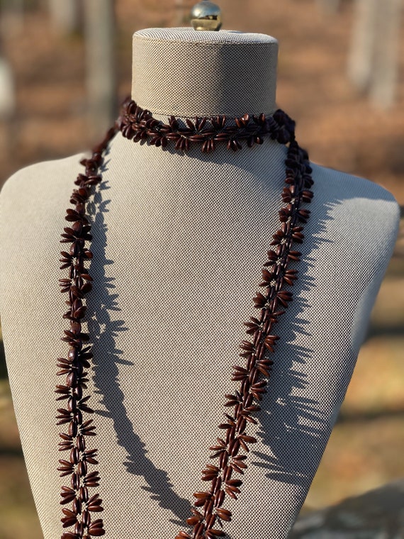 True vintage 70s brown floral beaded long necklac… - image 8