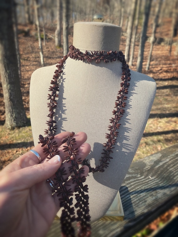 True vintage 70s brown floral beaded long necklac… - image 6