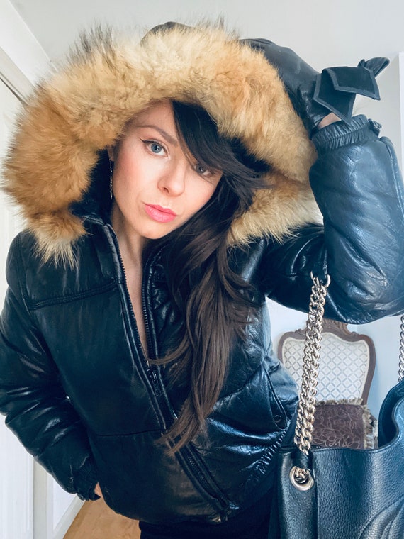 Genuine 1970s Vintage Black Buttery Soft Leather Bomber Jacket With Fox Fur Hood Trim Size SM XS Luxury Vintage Perfection Etsy