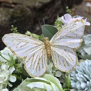 White With Gold Glitter Feather Butterflies – 12 Pieces 4&quot; Decorative Butterflies for Crafts, Décor, Weddings, Scrapbooking