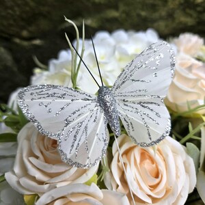 White With Silver Glitter Feather Butterflies –  12 Pieces 3&quot; Decorative Butterflies for Crafts, Décor, Weddings, Scrapbooking