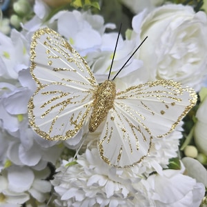 White With Gold Glitter Feather Butterflies – Set of 12 | 3&quot; Decorative Butterflies for Crafts, Décor, Weddings, Scrapbooking