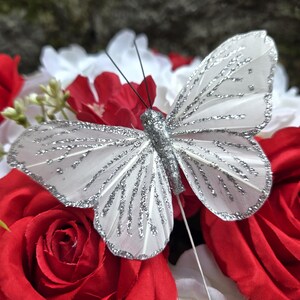 White and Silver Glitter Feather Butterflies –12 Pieces 4&quot; Decorative Butterflies for Crafts, Décor, Weddings, Scrapbooking