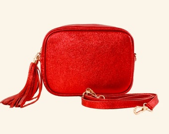 Metallic Rote Leder Kameratasche