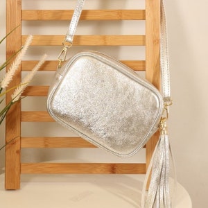 Metallic Silver Italian Leather Crossbody Bag, Leather Crossbody Camera Bag, Leather Tassel Festival Bag, Soft Box Bag Purse, Camera Bag