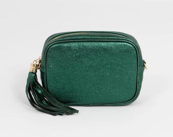 Metallic Green Italian Leather Crossbody Bag