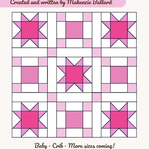 Może przedstawiać: Cyfrowy wzór PDF dla projektu kołdry zatytułowanego "Ranch House Windows" autorstwa Makenzie Ballard. Projekt przedstawia siatkę kwadratów i kształtów gwiazd w odcieniach różu i bieli. Rozmiary: 115,6 x 115,6 cm lub 91,4 x 91,4 cm.