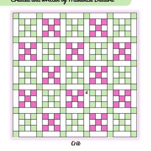 Può includere: Un download PDF digitale intitolato "Criss Cross Irish Chain" con un motivo a griglia in bianco, rosa e verde. La dimensione finita è di 108 x 147 cm. È visibile anche il testo "Created and written by Makenzie Ballard".