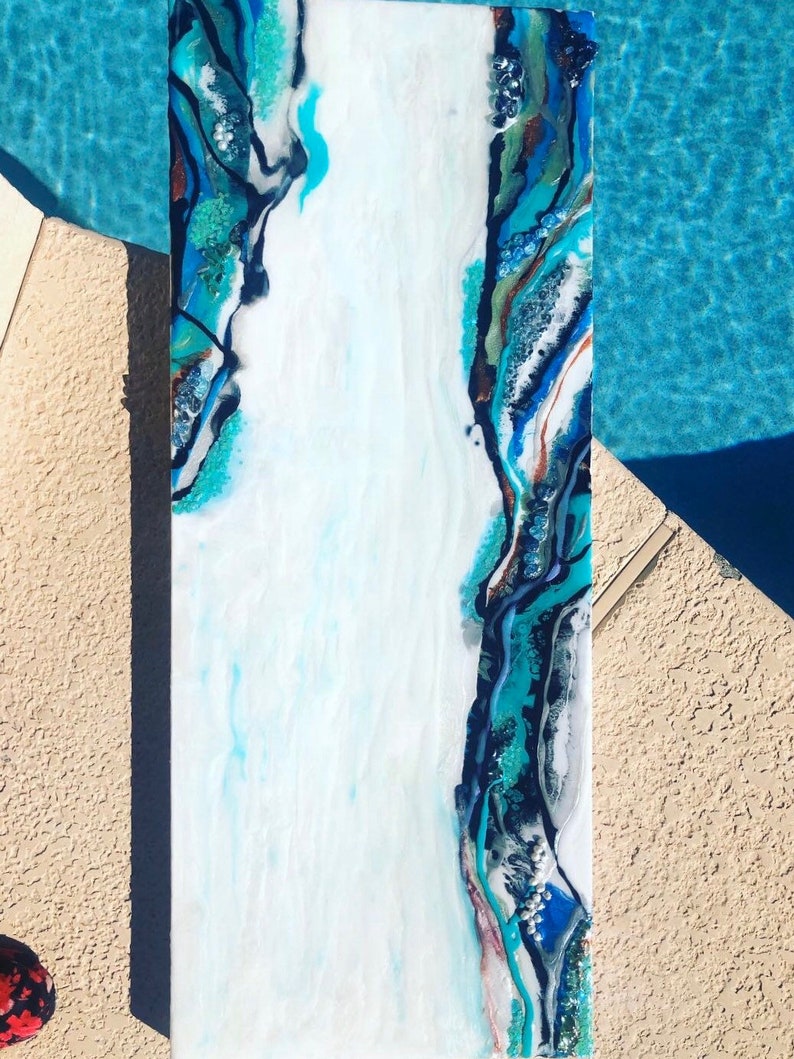Home Decor Wall Decor. Home Accents Resin crystals white Unique Spring Art blue blue and black with real pearls Geode Painting