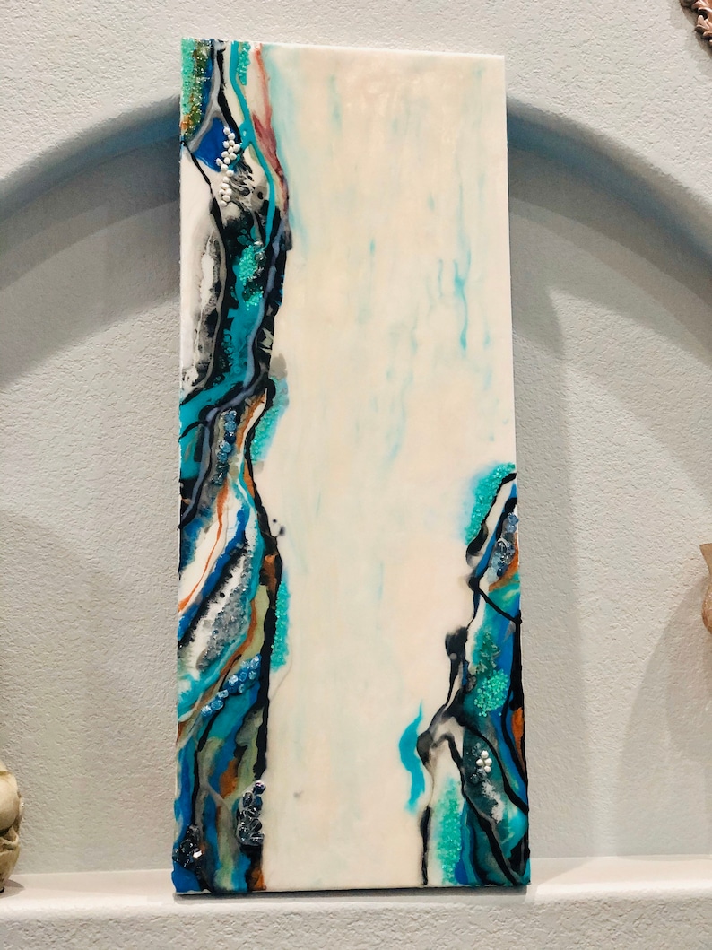 Home Decor Wall Decor. Home Accents Resin crystals white Unique Spring Art blue blue and black with real pearls Geode Painting