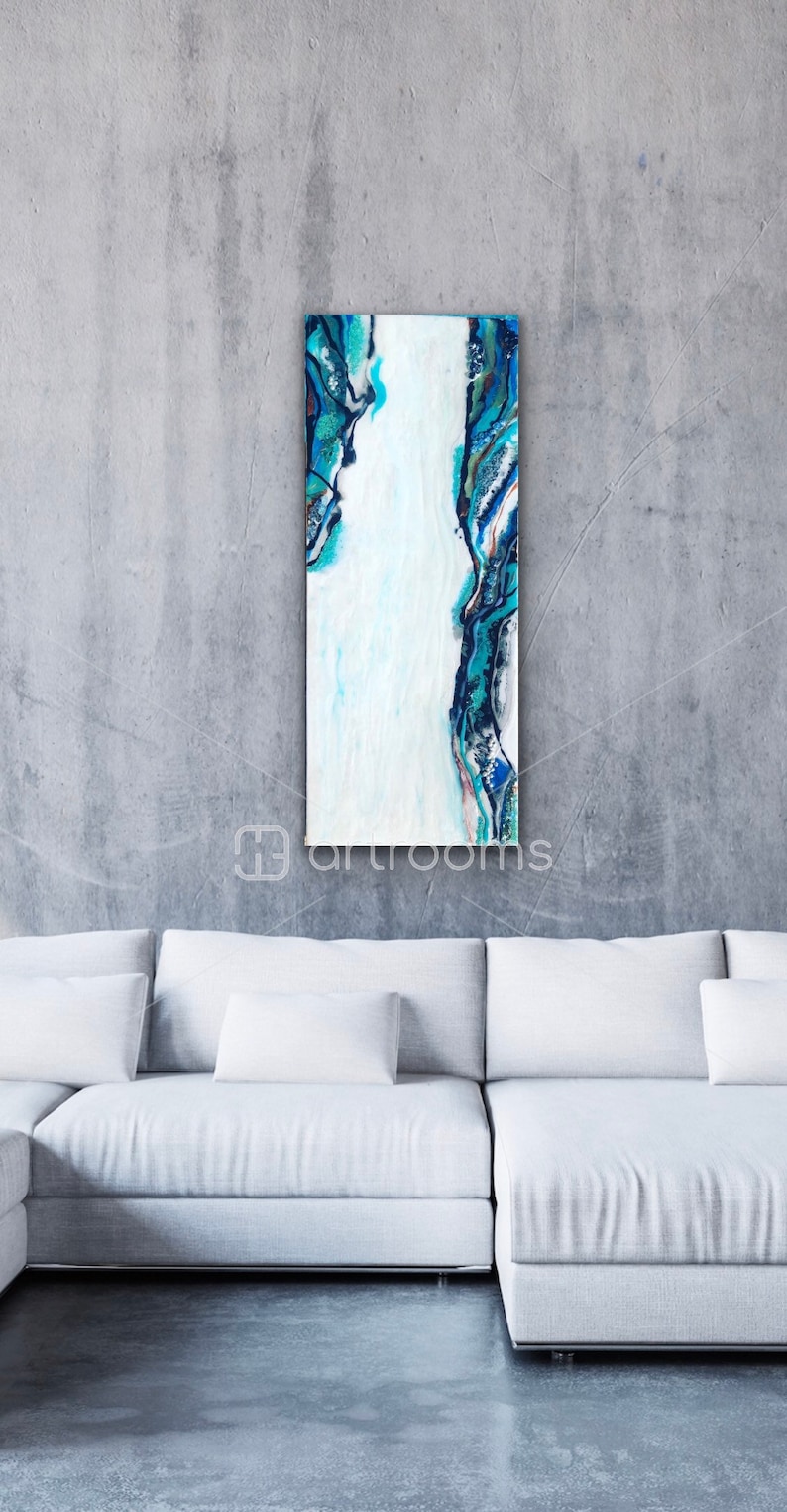 Home Decor Wall Decor. Home Accents Resin crystals white Unique Spring Art blue blue and black with real pearls Geode Painting