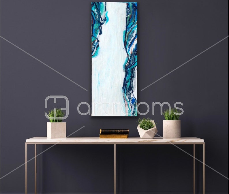 Home Decor Wall Decor. Home Accents Resin crystals white Unique Spring Art blue blue and black with real pearls Geode Painting