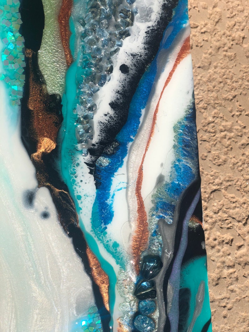 Home Decor Wall Decor. Home Accents Resin crystals white Unique Spring Art blue blue and black with real pearls Geode Painting