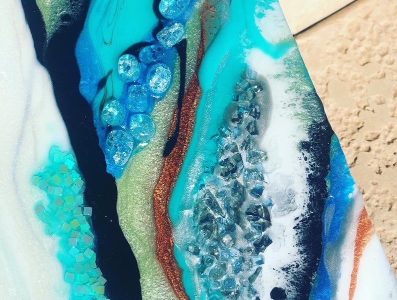 Home Decor Wall Decor. Home Accents Resin crystals white Unique Spring Art blue blue and black with real pearls Geode Painting