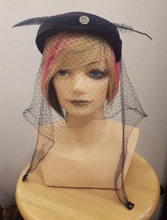 50s velvet/feather ,veiled cocktail hat