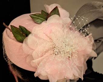 Velvet hat, pink, netting,  silky flower trim. 1960s