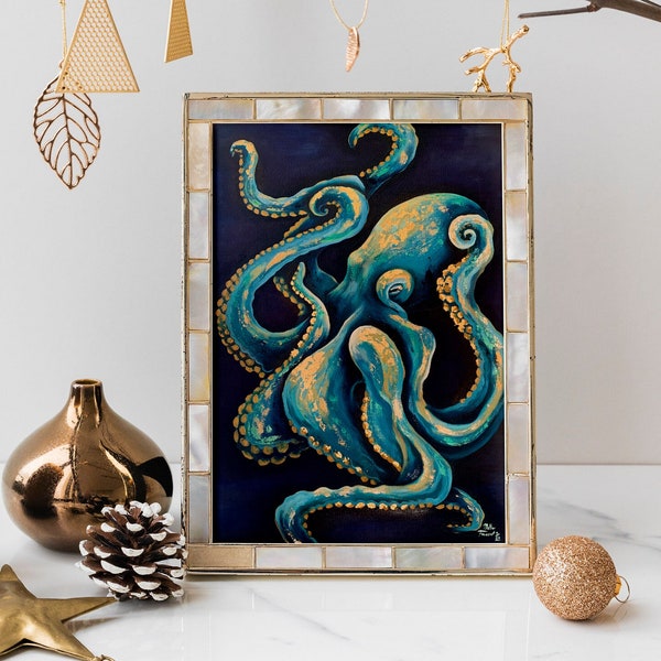 Peinture à l'huile bleu intense et or, pieuvre, impression d'art A4, décoration animalière de haute qualité signée par l'artiste pour votre maison art animalier mystique
