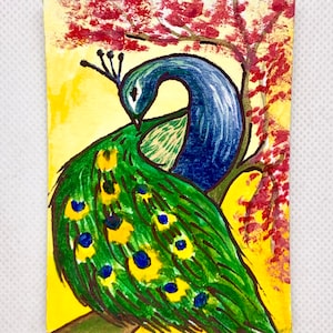 Aquarelle Miniature Cerf & Paon – Carte ACEO Peinte à la Main – Art de Collection