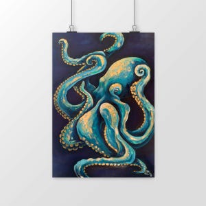 Stampa artistica di polpo blu e oro – decorazione murale di alta qualità con fauna marina – elegante ispirazione oceanica