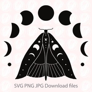 Wiedźma duchowa Boho księżyc i motyl ćma SVG JPG pobierz pliki dla cricut fazy księżyca czarownica mistyczny magiczny clipart sztuka