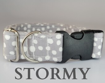 Stormy Collar - Handmade Dog Collar, Polka Dot Collar, Gray Collar, Handmade Collar, Adjustable Collar, Side Release Collar