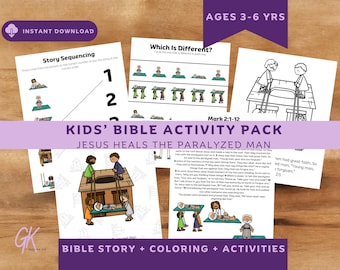 Jesus Heals the Paralyzed Man Kids Bible Activity Pack, Preschool Sunday School Lesson, Christian Homeschool Printable