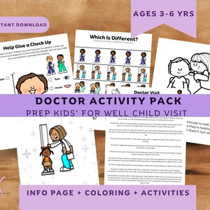 May include: A doctor activity pack for children ages 3-6 years, featuring printable pages with coloring activities, a doctor visit information sheet, and educational worksheets showing cartoon doctors and patients to help prepare for medical checkups.