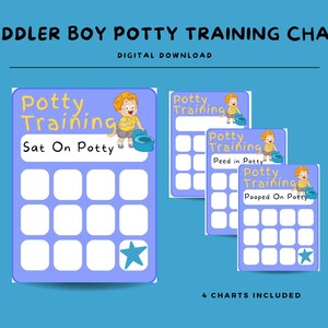 Op de afbeelding: Een digitale download van vier zindelijkheidstrainingstabellen voor peuters. De tabellen zijn lichtpaars met witte vakken om de voortgang bij te houden. Elke tabel bevat een cartoonjongen en de woorden "Potty Training". De tabellen bevatten de zinnen "Sat On Potty", "Peed in Potty" en "Pooped On Potty".
