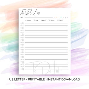 Może przedstawiać: Biała lista rzeczy do zrobienia do wydrukowania z pastelowym akwarelowym tłem. Lista zawiera pola wyboru, linię daty oraz sekcje dla 'To Start', 'Done', 'Delay', 'Revisit' i 'Cancel'. Tekst 'To Do List' znajduje się na górze.