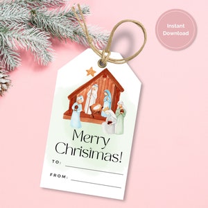 Nativity Christmas Printable Gift Tags, Watercolor Nativity Scene, Religious Christmas