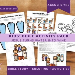 Può includere: Un pacchetto di attività bibliche per bambini con il tema "Gesù trasforma l'acqua in vino". Il pacchetto include pagine da colorare, storie bibliche e attività per bambini dai 3 ai 6 anni. L'immagine mostra vari fogli di attività con illustrazioni e testo.